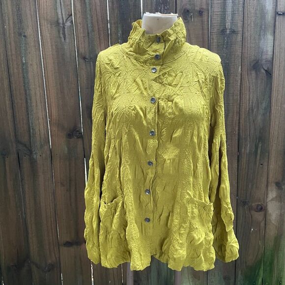 CHALET ET CECI KEHLANI Chartreuse Crinkled Convertible Collar SHIRT TOP XL - Picture 1 of 9